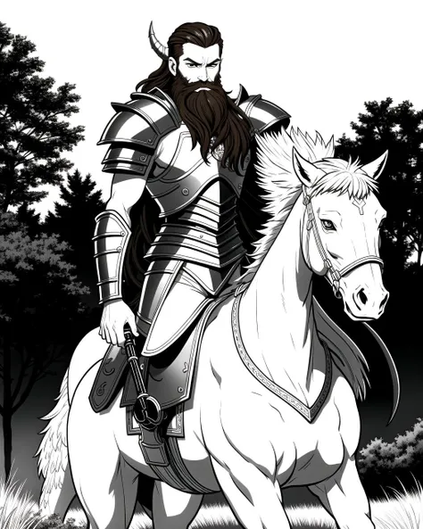 ((masterpiece), best quality, high quality, professional quality, highly detailed, highres, perfect lighting, natural lighting), coloring page, b&w, line art, (1boy, slender, handsome, long beard, long hair, brown hair), wearing armor, riding a dragon, outdoors