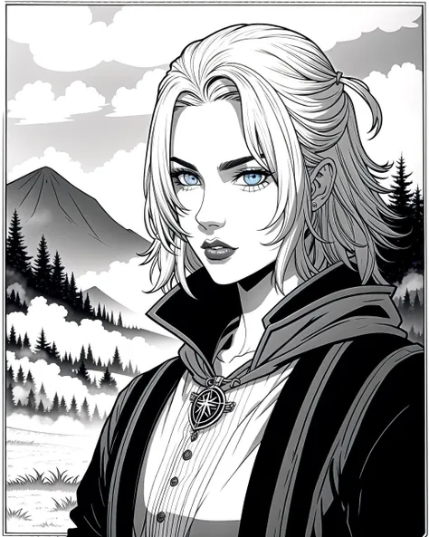 ((masterpiece), best quality, high quality, professional quality, highly detailed, highres, perfect lighting, natural lighting), coloring page, b&w, line art, middle earth, Wizard Focusing their mind to cast a powerful spell, Tycoon, Short, Toned, Square Face, Fair Skin, Gray Hair, grey-blue Eyes, Wide Nose, Pouty Lips, Sharp Chin, Friendly Mutton Chops, Crew Cut, Mohawk, Misty mountains towering over a vast, misty valley, Tolkien