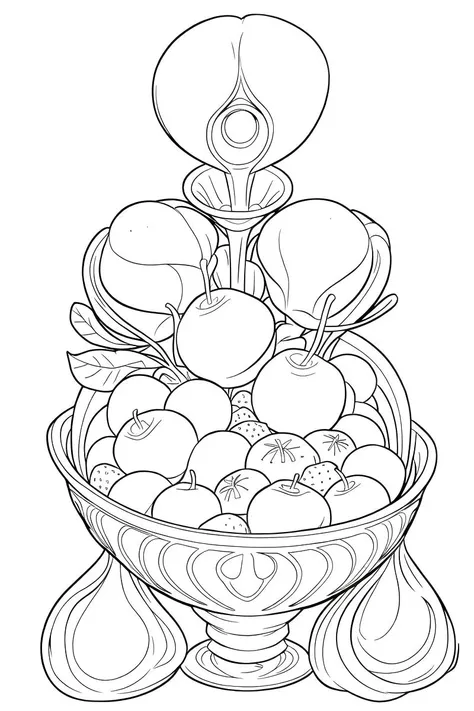 b&w, coloring page, line art, bowl of fruit