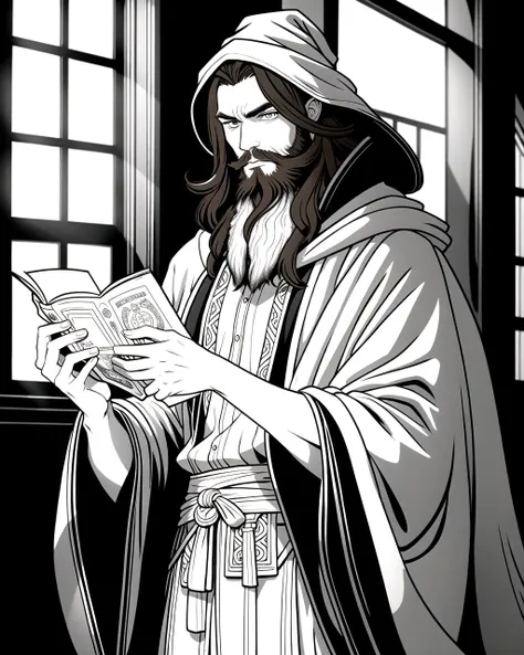 ((masterpiece), best quality, high quality, professional quality, highly detailed, highres, perfect lighting, natural lighting), coloring page, b&w, line art, (1boy, slender, handsome, long beard, long hair, brown hair), wearing wizard robes, casting a spell, in a fantasy town