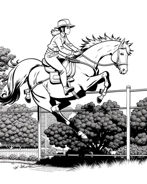 coloring page, b&w, line art, horse jumping a fence