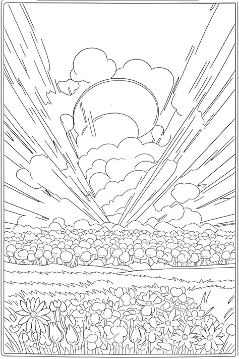 b&w, coloring page, line art, A field of flowers