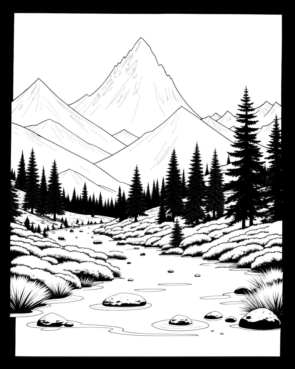 coloring page, b&w, line art, mountain range