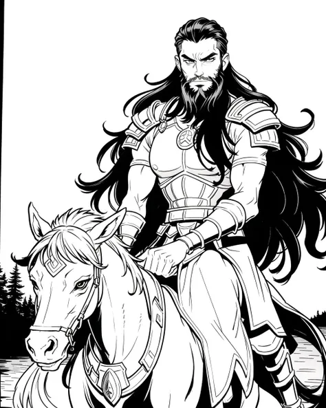 ((masterpiece), best quality, high quality, professional quality, highly detailed, highres, perfect lighting, natural lighting), monochrome, line art, coloring page, (1boy, overweight, handsome, long beard, long hair, black hair), wearing armor, riding a horse, by a lake