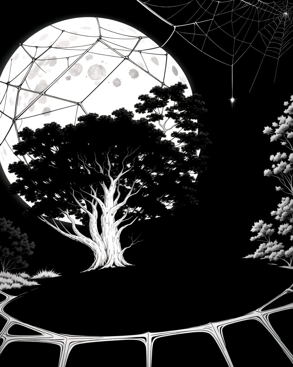 coloring page, b&w, line art, ((masterpiece), best quality, high quality, professional quality, highly detailed, highres, perfect lighting, natural lighting), giant spider, weaving web, between two trees, at night, moonlight, terrifying, horror theme