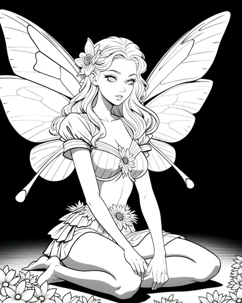 coloring page, b&w, line art, ((masterpiece), best quality, high quality, professional quality, highly detailed, highres, perfect lighting, natural lighting), beautiful fairy, butterfly wings, multicolored wings, translucent wings, sitting, on flower