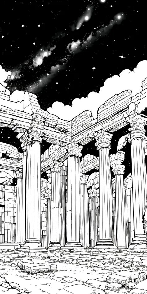 beautiful scenery, ancient ruins, starry sky, (masterpiece:1.3), ultra high res, highly detailed, monochrome, coloring page, b&w, line art