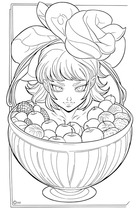 b&w, coloring page, line art, bowl of fruit