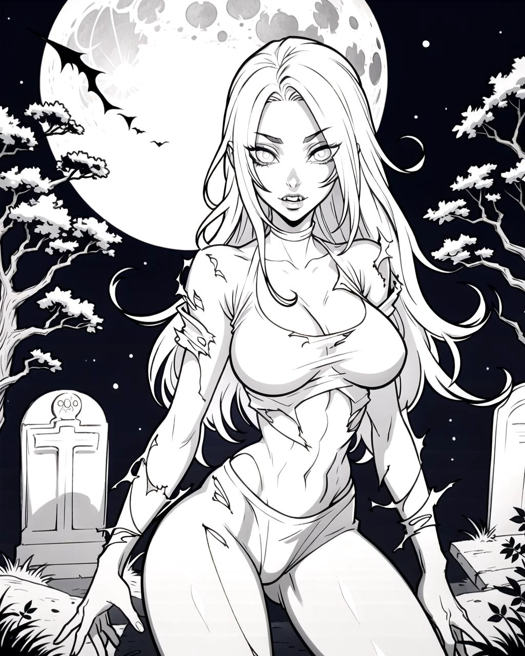 ((masterpiece), best quality, high quality, professional quality, highly detailed, highres, perfect lighting, natural lighting), monochrome, line art, coloring page, (1girl, beautiful, demonic, ghostly, translucent skin:1.5, glowing skin:1.2, see-through skin:1.3, skeleton visible beneath skin, large breasts, emaciated:1.2, hollow eyes:1.3, wearing (torn clothing, translucent clothing:1.2)), in front of haunted rundown mansion, surrounded by dead trees, gravestone, at night, full moon, spirit orbs