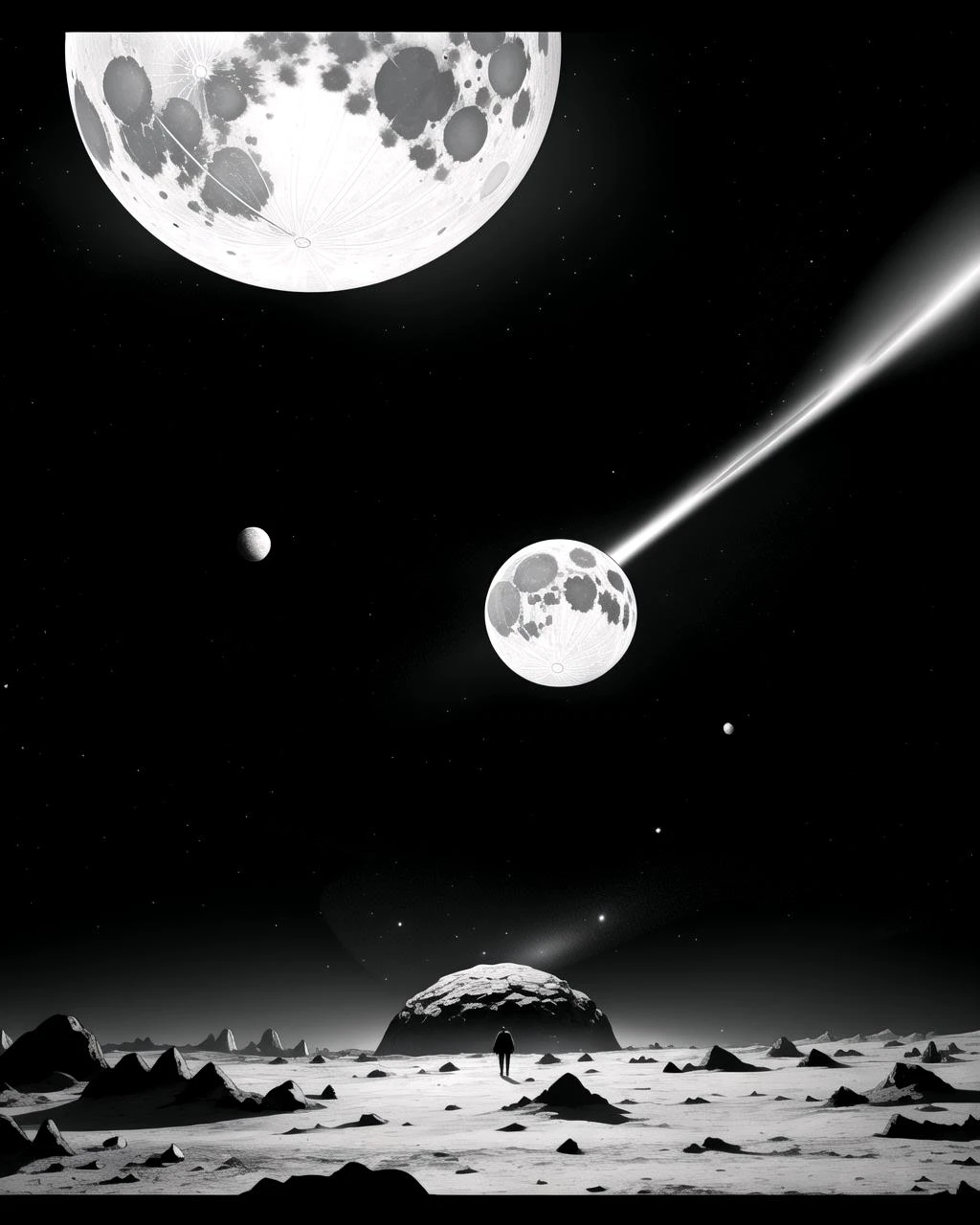 ((masterpiece), best quality, high quality, professional quality, highly detailed, highres, perfect lighting, natural lighting), coloring page, b&w, line art, cyberpunk, brave space explorers, A small, rocky moon orbiting a gas giant, with a network of subterranean tunnels carved by ancient inhabitants., Asteroid Base, chimera