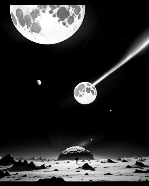 ((masterpiece), best quality, high quality, professional quality, highly detailed, highres, perfect lighting, natural lighting), coloring page, b&w, line art, cyberpunk, brave space explorers, A small, rocky moon orbiting a gas giant, with a network of subterranean tunnels carved by ancient inhabitants., Asteroid Base, chimera