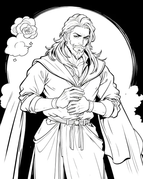 ((masterpiece), best quality, high quality, professional quality, highly detailed, highres, perfect lighting, natural lighting), monochrome, line art, coloring page, (1boy, overweight, handsome, long beard, medium length hair, red hair), wearing fantasy clothing, casting a spell, by a lake