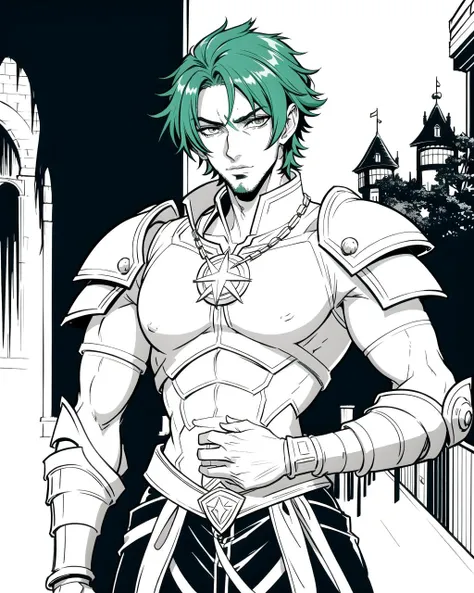 ((masterpiece), best quality, high quality, professional quality, highly detailed, highres, perfect lighting, natural lighting), monochrome, line art, coloring page, (1boy, slender, handsome, no facial hair, short hair, green hair), wearing armor, casting a spell, in a castle