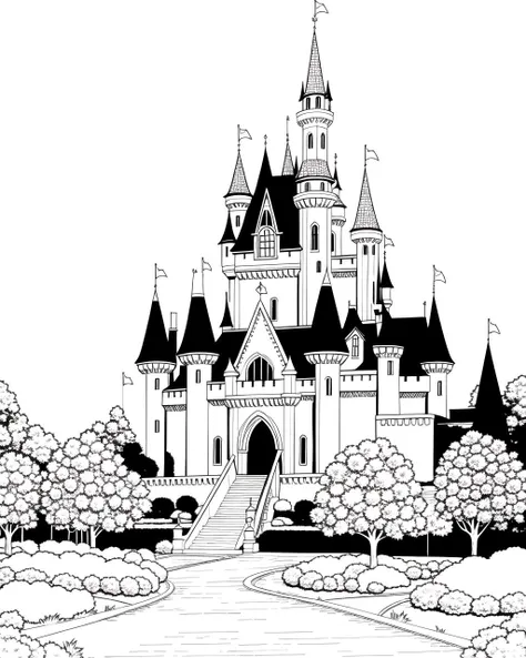 coloring page, b&w, line art, castle