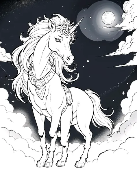 ((masterpiece), best quality, high quality, professional quality, highly detailed, highres, perfect lighting, natural lighting), coloring page, b&w, line art, gleaming, interstellar spaceship, A gas giant with swirling, multicolored clouds, dotted with floating sky cities built by an advanced civilization., Alien Jungle, unicorn, centaur, werewolf