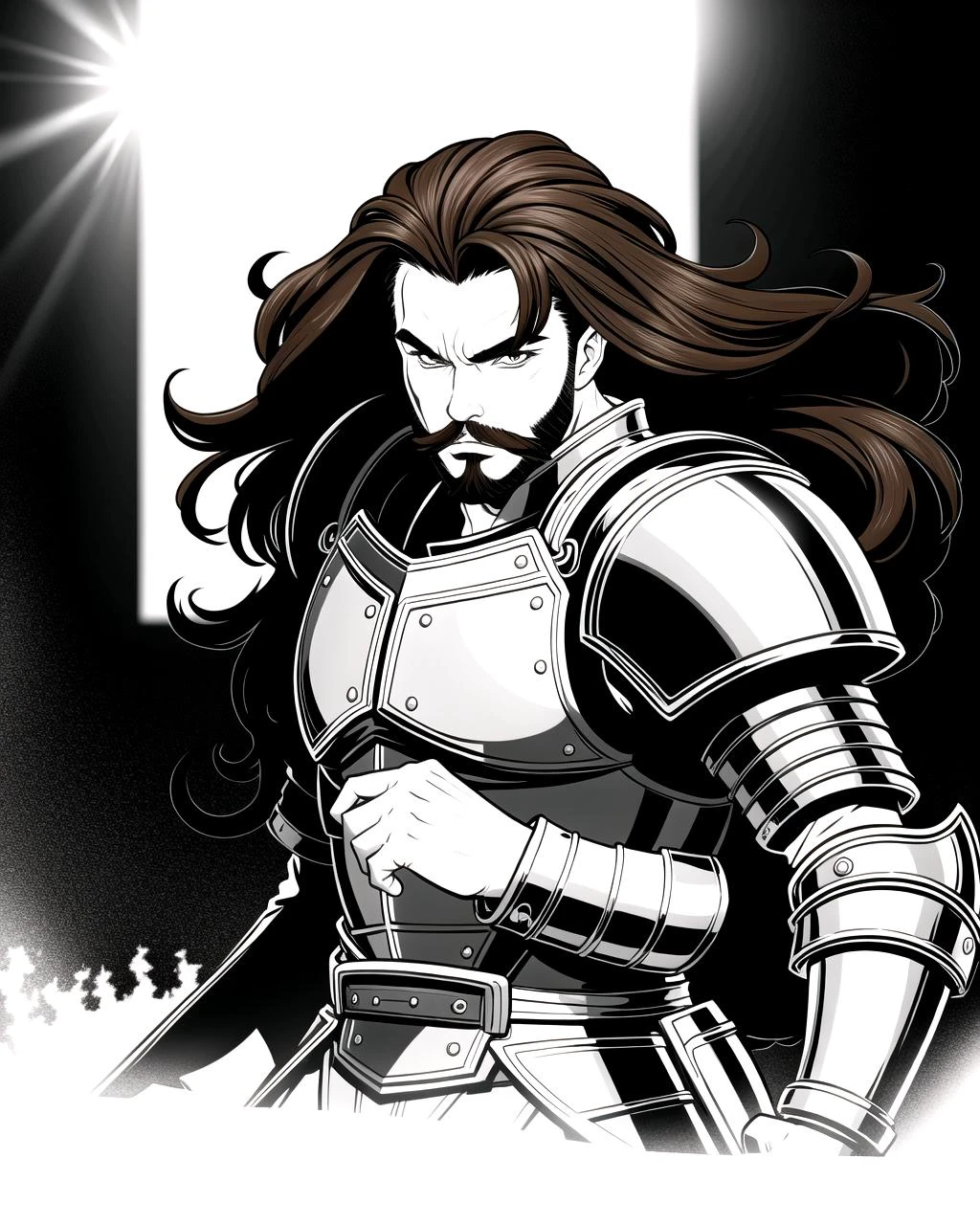 ((masterpiece), best quality, high quality, professional quality, highly detailed, highres, perfect lighting, natural lighting), coloring page, b&w, line art, (1boy, overweight, handsome, facial hair, long hair, brown hair), wearing armor, fighting, on a battlefield