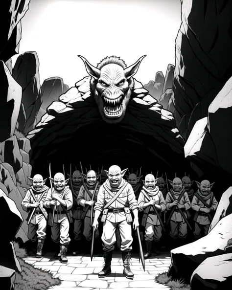 coloring page, b&w, line art, ((masterpiece), best quality, high quality, professional quality, highly detailed, highres, perfect lighting, natural lighting), goblin army, marching, dark cave, weapons drawn, ugly faces, long fangs, wearing ragged clothing, gross, disgusting