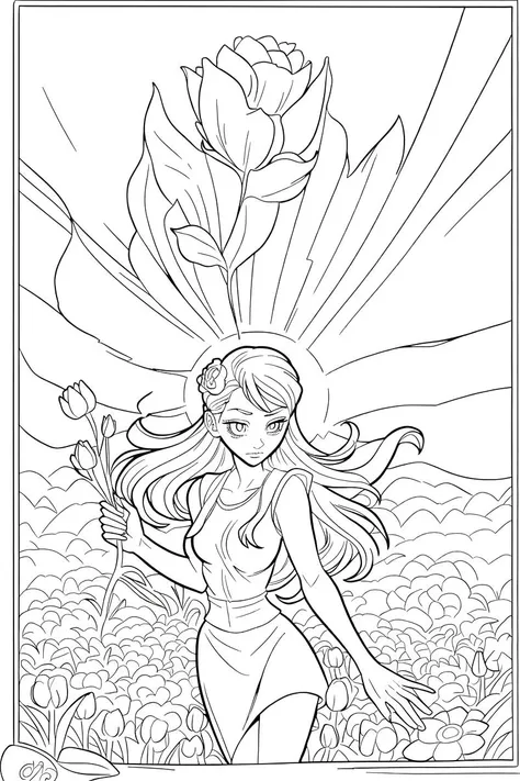 b&w, coloring page, line art, A field of flowers