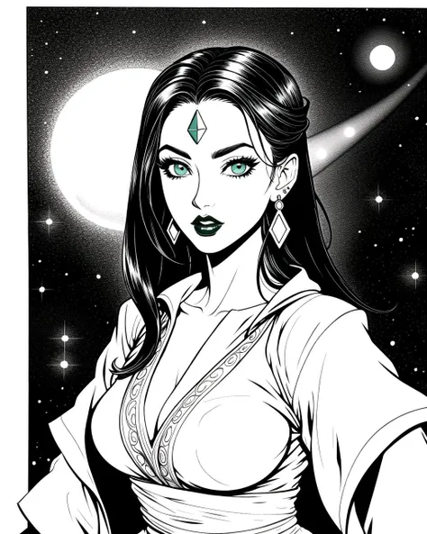 ((masterpiece), best quality, high quality, professional quality, highly detailed, highres, perfect lighting, natural lighting), coloring page, b&w, line art, Generate an incredible, best quality work of art, Powerful deity adorned in celestial robes, emanating divine light, Trailblazer, Short, Lean, Triangular Face, Dark Skin, Dark Brown Hair, turquoise Eyes, Straight Nose, Thin Lips, Sharp Chin, Long Hair, Coarse Hair, Layered Bob, perky breasts, Cuff earrings, green sheer lipstick, Printmaking, intense, Galaxy