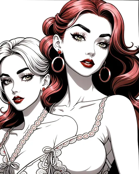 ((masterpiece), best quality, high quality, professional quality, highly detailed, highres, perfect lighting, natural lighting), coloring page, b&w, line art, 3 Teachers Talking, the first one Olive Skin, Redhead with curly hair styled in a loose updo, soft pink matte lipstick, the second one Olive Skin, Redhead with half-up half-down style and loose curls, black stain lipstick, and the third one Fair Skin, Brunette with a high ponytail and sleek straight hair, plum velvet lipstick,Build a top-notch, highly detailed work of art, Pink Velvet Slip with Lace Trim, Athletic, Heart-Shaped Face, Olive Skin, Wide Nose, Thick Lips, Cleft Chin, Red matte lipstick, earrings, copper Fine Hair Medium-Length Hair Waves, marching