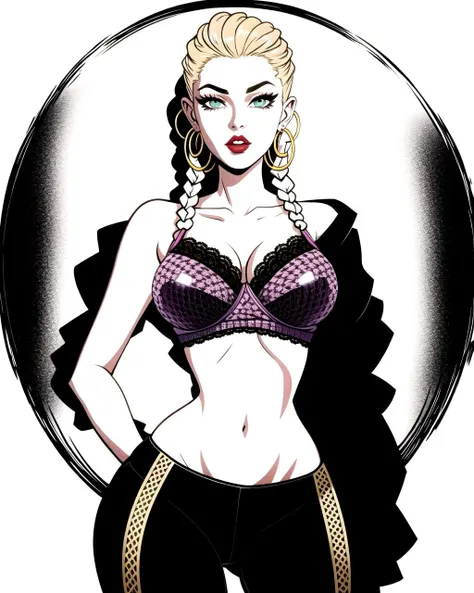 ((masterpiece), best quality, high quality, professional quality, highly detailed, highres, perfect lighting, natural lighting), coloring page, b&w, line art, Make a top-notch, highly detailed illustration, (  wearing  Sweater leggings ), Goddess, Average Height, Wide Hips, Triangular Face, Dark Skin, Golden Blonde Hair, teal Eyes, Narrow Nose, Thin Lips, Receding Chin, Shoulder-Length Hair, Thick Hair, Lace Braid, soft breasts, Hoop earrings, mauve matte lipstick, Realist Art, Captivating, Fire,Lilac Sequin Bra and Pant Set, Slim, Round Face, Ebony Skin, Straight Nose, Pouty Lips, Sharp Chin, Pink satin lipstick, barrette, dark brown Kinky Hair Medium-Length Hair Braids, mansion or estate, graphic light, direct