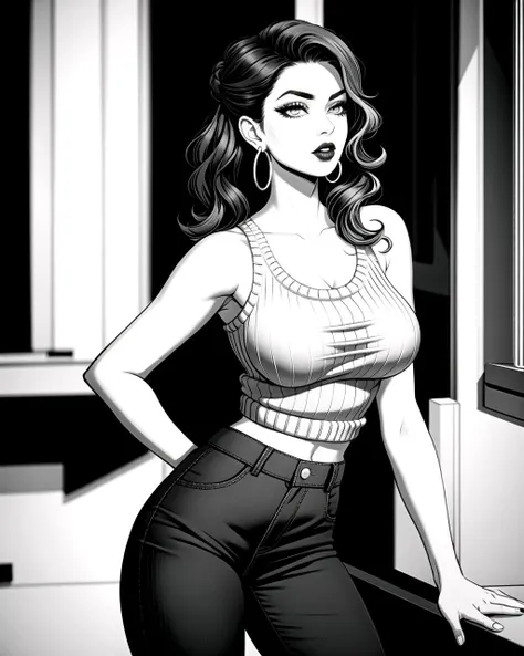 ((masterpiece), best quality, high quality, professional quality, highly detailed, highres, perfect lighting, natural lighting), coloring page, b&w, line art, Crossfit shorts and crossfit tank top, Miss, Tall, Athletic, Heart-Shaped Face, Dark Skin, Black Hair, Blue Eyes, Long Nose, Thin Lips, Sharp Chin, Shoulder-Length Hair, Straight Hair, Wavy Updo, asymmetrical breasts, Hoop earrings, black satin lipstick,Build a top-notch, highly detailed masterpiece, (  wearing  Cable knit sweater corduroy pants ), Temptress, Tall, Wide Hips, Square Face, Fair Skin, Blonde Hair, grey Eyes, Narrow Nose, Thin Lips, Sharp Chin, Long Hair, Coarse Hair, Beach Waves, asymmetrical breasts, , cherry stain lipstick, romanticism oil painting, gritty, Snow