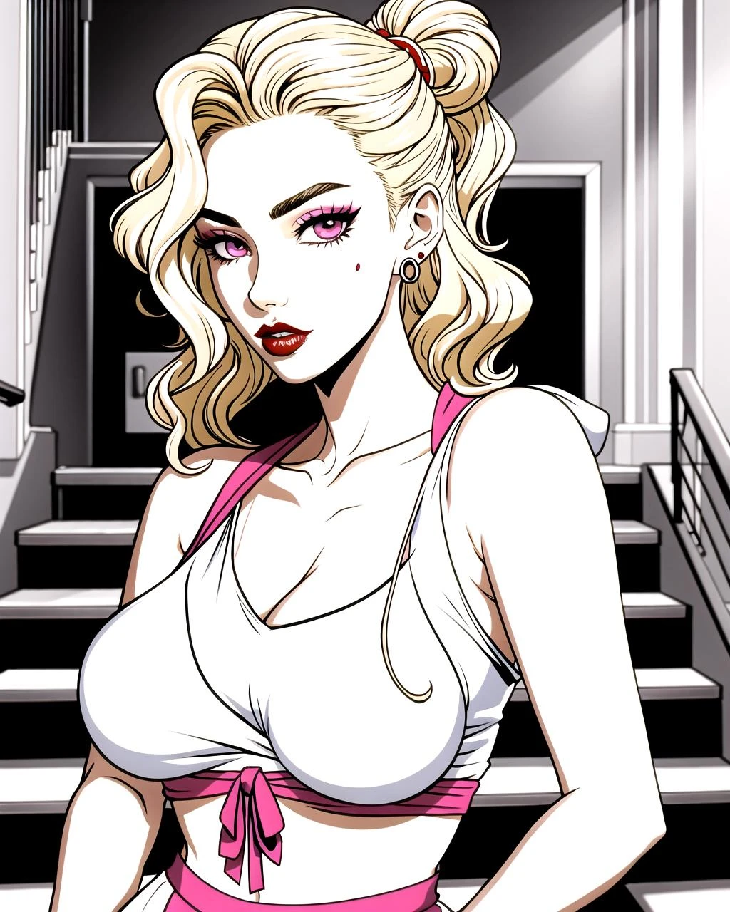 ((masterpiece), best quality, high quality, professional quality, highly detailed, highres, perfect lighting, natural lighting), coloring page, b&w, line art, 5 Customer service representatives Gossiping, the first one Tan Skin, Redhead with curly hair styled in a loose updo, magenta velvet lipstick, the second one Dark Skin, Brunette with a high ponytail and sleek straight hair, orange stain lipstick, the third one Fair Skin, Blonde with shoulder-length hair and beachy waves, cherry cream lipstick, the 4th one Fair Skin, Blonde with shoulder-length hair and beachy waves, terracotta stain lipstick, and the 5th one Tan Skin, Blonde with shoulder-length hair and beachy waves, mauve metallic lipstick,sophisticated, Vector Illustration, Fuzzy hooded sweatshirt, joggers, Diva, Tall, Thin, Square Face, Tan Skin, Blonde Hair, Gray Eyes, Straight Nose, Thick Lips, Prominent Chin, Shoulder-Length Hair, Coarse Hair, Fishtail Braid, natural breasts, Stud earrings, mauve satin lipstick, Exuding elegance and sophistication on a staircase