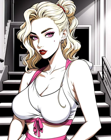 ((masterpiece), best quality, high quality, professional quality, highly detailed, highres, perfect lighting, natural lighting), coloring page, b&w, line art, 5 Customer service representatives Gossiping, the first one Tan Skin, Redhead with curly hair styled in a loose updo, magenta velvet lipstick, the second one Dark Skin, Brunette with a high ponytail and sleek straight hair, orange stain lipstick, the third one Fair Skin, Blonde with shoulder-length hair and beachy waves, cherry cream lipstick, the 4th one Fair Skin, Blonde with shoulder-length hair and beachy waves, terracotta stain lipstick, and the 5th one Tan Skin, Blonde with shoulder-length hair and beachy waves, mauve metallic lipstick,sophisticated, Vector Illustration, Fuzzy hooded sweatshirt, joggers, Diva, Tall, Thin, Square Face, Tan Skin, Blonde Hair, Gray Eyes, Straight Nose, Thick Lips, Prominent Chin, Shoulder-Length Hair, Coarse Hair, Fishtail Braid, natural breasts, Stud earrings, mauve satin lipstick, Exuding elegance and sophistication on a staircase