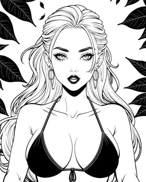 ((masterpiece), best quality, high quality, professional quality, highly detailed, highres, perfect lighting, natural lighting), coloring page, b&w, line art, Melting into a liquid, string bikini, Mistress, Short, Fit, Diamond-Shaped Face, Fair Skin, Honey Blonde Hair, aquamarine Eyes, Short Nose, Thick Lips, Sharp Chin, Long Hair, Fine Hair, French Twist, natural breasts, Threader earrings, gloss velvet lipstick, Drips and dribbles clinging to the edges, Autumn leaves drifting on streams