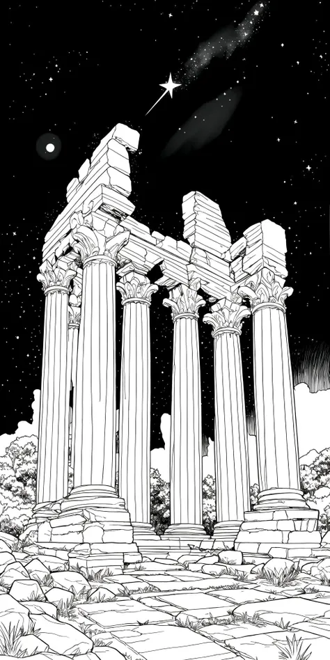 beautiful scenery, ancient ruins, starry sky, (masterpiece:1.3), ultra high res, highly detailed, monochrome, coloring page, b&w, line art