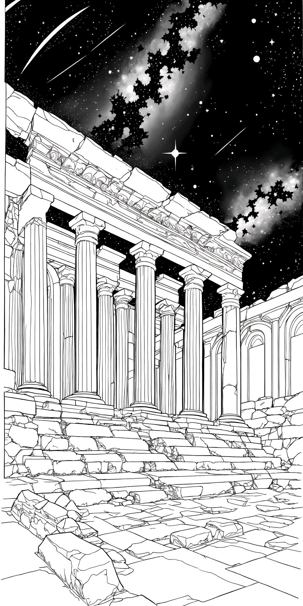 beautiful scenery, ancient ruins, starry sky, (masterpiece:1.3), ultra high res, highly detailed, monochrome, coloring page, b&w, line art