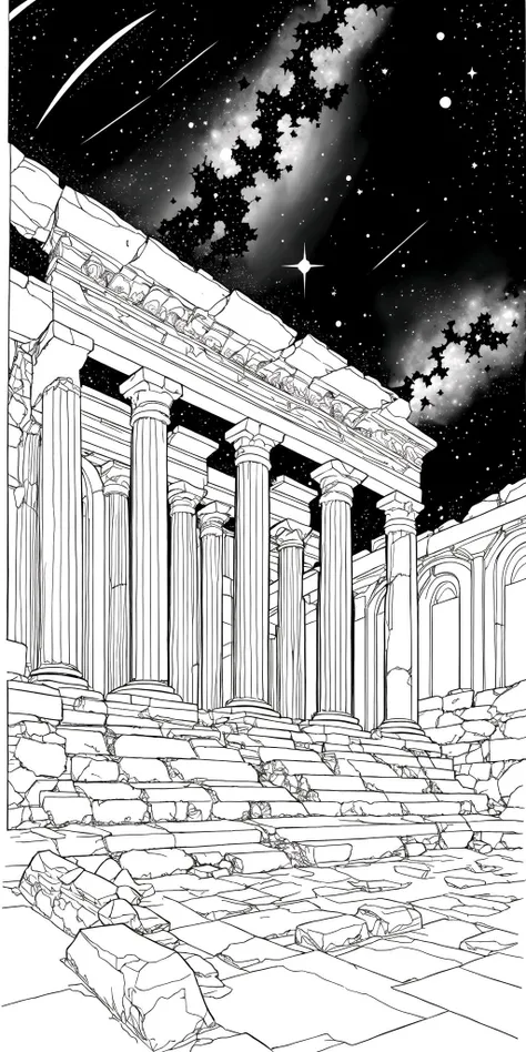 beautiful scenery, ancient ruins, starry sky, (masterpiece:1.3), ultra high res, highly detailed, monochrome, coloring page, b&w, line art