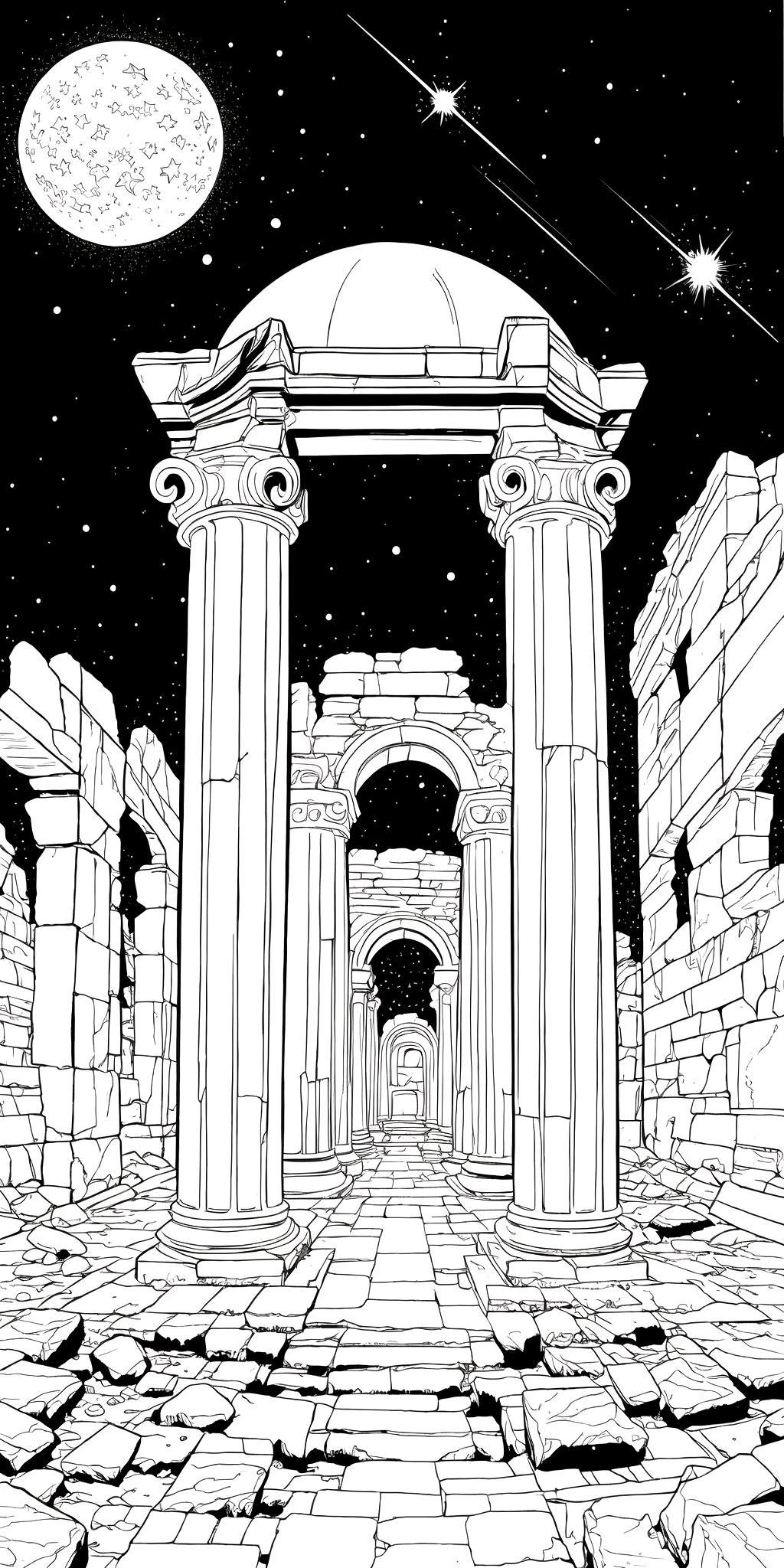 beautiful scenery, ancient ruins, starry sky, (masterpiece:1.3), ultra high res, highly detailed, monochrome, coloring page, b&w, line art