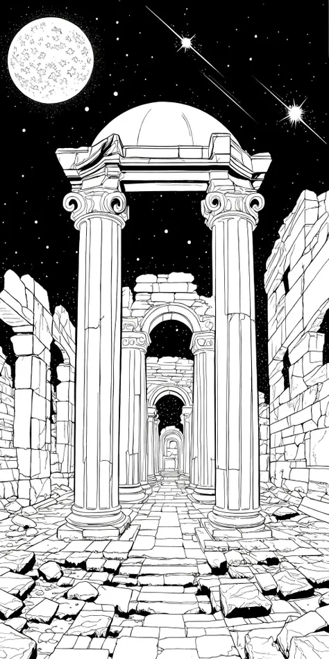 beautiful scenery, ancient ruins, starry sky, (masterpiece:1.3), ultra high res, highly detailed, monochrome, coloring page, b&w, line art