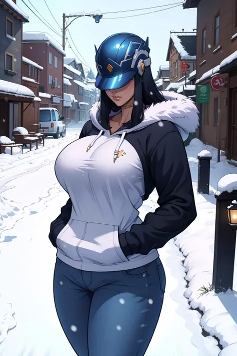 (masterpiece, best quality, absurdres, 4k, aesthetic, detailed, intricate, perfect lighting),outside,snow,cowboy shot,1girl,tmstharja,curvy,large breasts,wearing hoodie,pants,,hands in pockets,fur trim, helmet,covered eyes, <lora:tmstharja-nvwls-v1:0.8>
