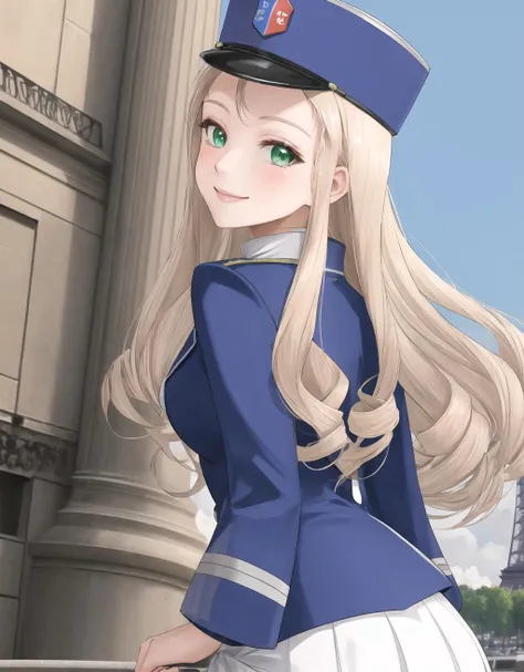 <lora:Marie-10:1> Marie , Blonde Hair , Green Eyes , BC Freedom Military uniform, hat , white skirt , eiffel tower , paris , smile ,