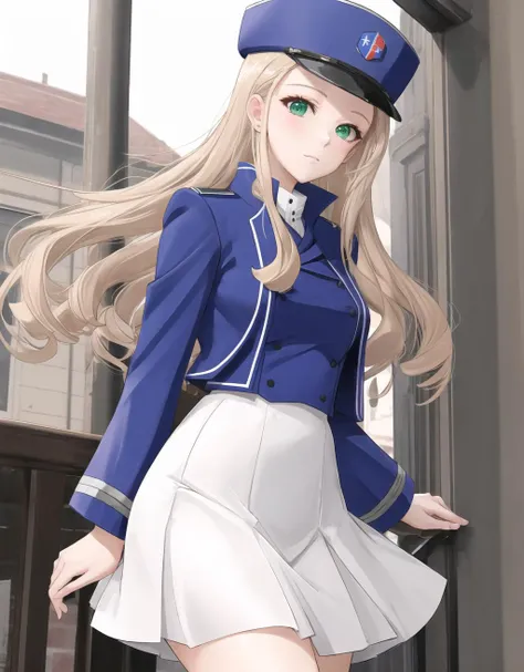 <lora:Marie-10:1> Marie , Blonde Hair , Green Eyes , BC Freedom Military uniform, hat , white skirt ,