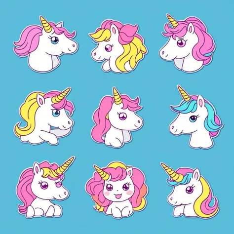 Cute unicorn stickers <lora:sd15-stickers-lora:1.0>, Very detailed, clean, high quality, sharp image