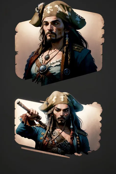 stickers of Jack Sparrow in Pirates of the Caribbean , <lora:stickers:1.7> , Best quality, masterpiece, ultra high res,