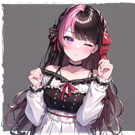 (masterpiece:1.2), (best quality:1.3),beautiful woman,medium breasts, <lora:tatibana hinano:1>,tatibana hinano,1girl,(solo:1.1), (Extremely detailed background:1.1), (portrait:0.6), looking_at_viewer,(multicolored_hair:1.2),(full-body:1.3),posing,1girl, bangs, bare_shoulders, lush, breasts, choker, collarbone, eyebrows_visible_through_hair, long_hair, looking_at_viewer, medium_breasts, one_eye_closed, hair_ribbon, red_ribbon, shirt, solo,v