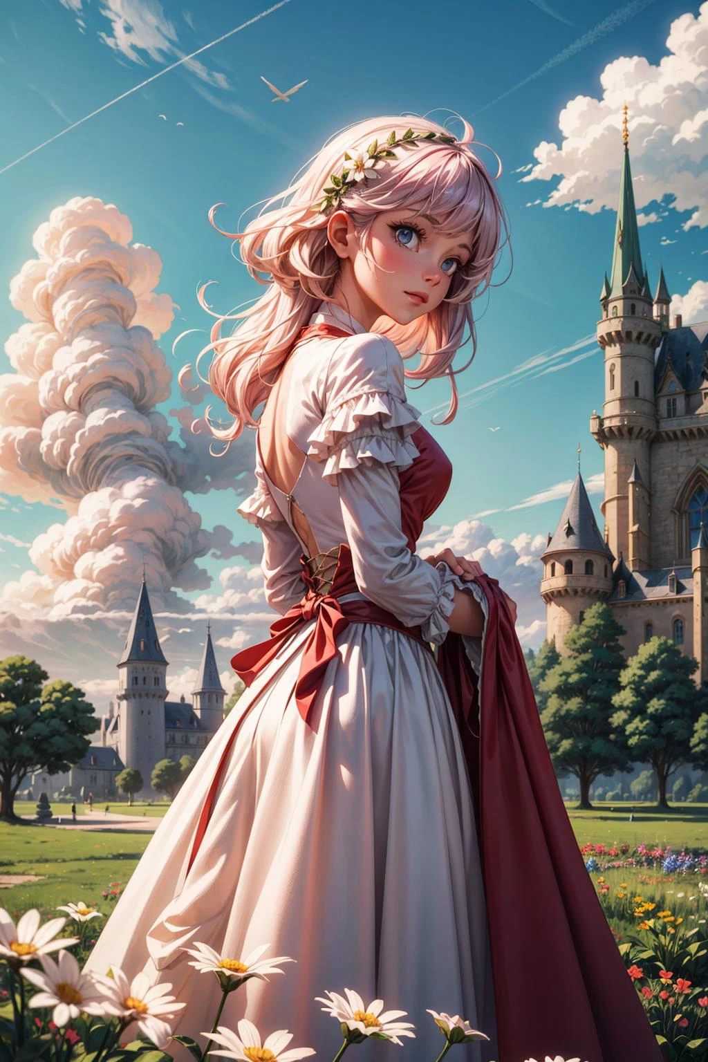 ((best quality, masterpiece)),
1girl, princess pink dress, flowers, white messy hair, outdoor, clouds on background,fantasy, medieval, castle on background <lora:more_details:0.5>