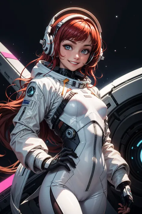 ((best quality, masterpiece)), (
(style-swirlmagic):0.3), ((white leather futuristic spacesuit)), headphones, neon lit, (smiling), 1girl, red hair, wavy hair, a white parts of mechanical female, looking at viewer, (cameltoe:0.8), soft colors, black background, <lora:more_details:0.5> , <lora:LowRA:0.25>