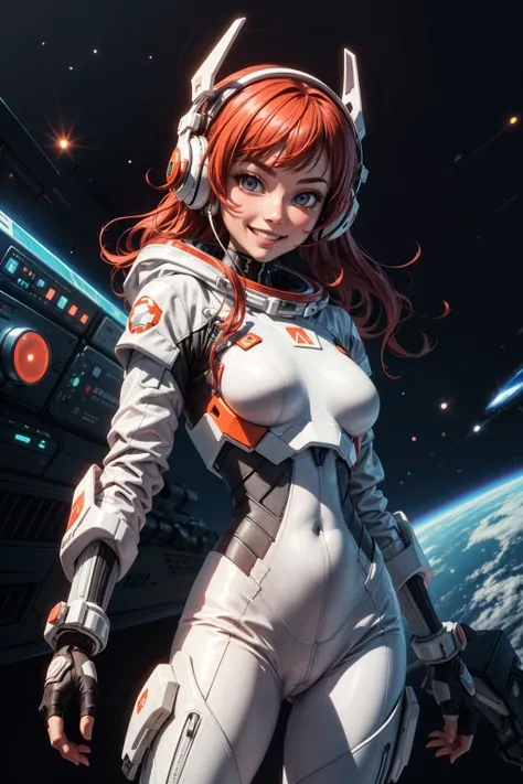 ((best quality, masterpiece)), (
(style-swirlmagic):0.3), ((white leather futuristic spacesuit)), headphones, neon lit, (smiling), 1girl, red hair, wavy hair, a white parts of mechanical female, looking at viewer, (cameltoe:0.8), soft colors, black background, <lora:more_details:0.5> , <lora:LowRA:0.25>