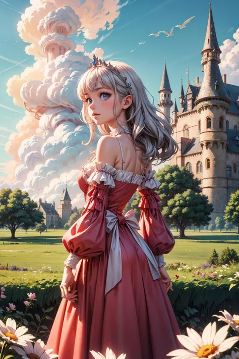 ((best quality, masterpiece)),
1girl, princess pink dress, flowers, white messy hair, outdoor, clouds on background,fantasy, medieval, castle on background <lora:more_details:0.5>