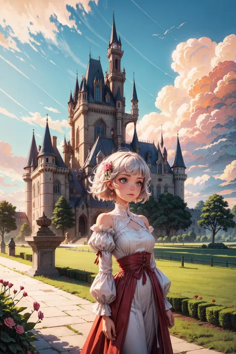 ((best quality, masterpiece)), 
1girl, princess pink dress, flowers, white messy hair, outdoor, clouds on background,fantasy, medieval, castle on background <lora:more_details:0.5>