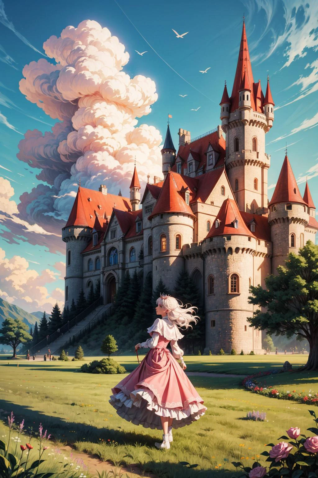 ((best quality, masterpiece)),
1girl, princess pink dress, flowers, white messy hair, outdoor, clouds on background,fantasy, medieval, castle on background <lora:more_details:0.5>
