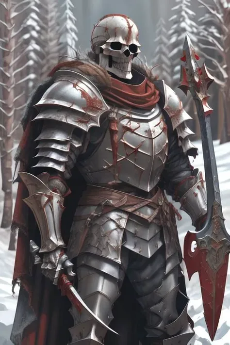 Skeleton knight, wearing red cape with white frills on heavy armor holding weapon axe in a snowy landscape with pine trees and snow, concept art, painting illustration, character art, BREAK red capelet, cape side cape on top of heavy metal knight medieval armor BREAK skeleton undead bones bony white bones skull