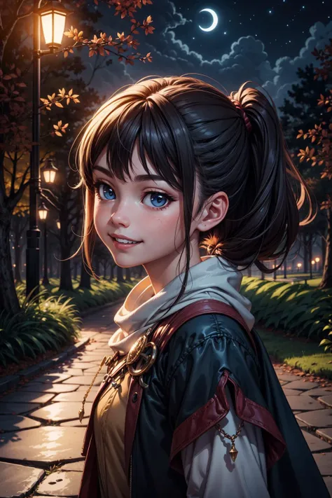best quality, 4K wallpaper, masterpiece, extremely detailed CG unity 8k wallpaper, woman, 21 y.o., smile, fantasy, ((full body):0.3), fantasy, potrait, [mythical forest:city:0.6], ((night):1.4), clouds, ((full moon):0.5), outdoors, <lora:epi_noiseoffset2:0.7> <lora:more_details:0.5>