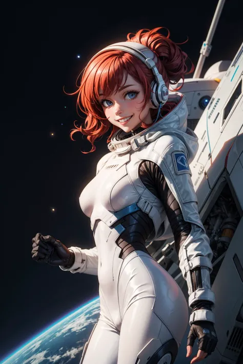 ((best quality, masterpiece)), (
(style-swirlmagic):0.3), ((white leather futuristic spacesuit)), headphones, neon lit, (smiling), 1girl, red hair, wavy hair, a white parts of mechanical female, looking at viewer, (cameltoe:0.8), soft colors, black background, <lora:more_details:0.5> , <lora:LowRA:0.25>