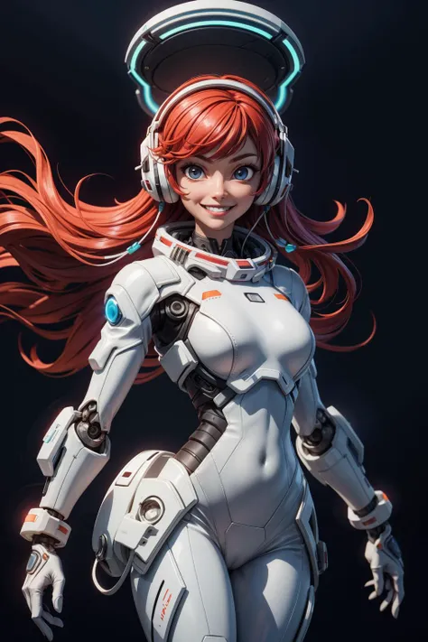 ((best quality, masterpiece)), (
(style-swirlmagic):0.3), ((white leather futuristic spacesuit)), headphones, neon lit, (smiling), 1girl, red hair, wavy hair, a white parts of mechanical female, looking at viewer, (cameltoe:0.8), soft colors, black background, <lora:more_details:0.5> , <lora:LowRA:0.25> <lora:3DMM_V12:0.8>